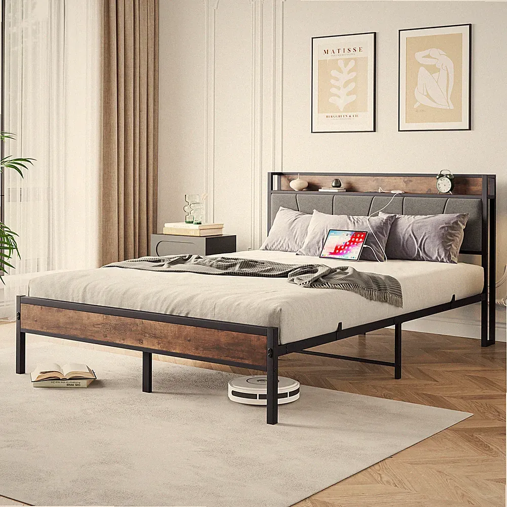 1.4*2M RGB-LED Polsterbett Doppelbett mit Ladestation Stauraumbett Bettgestell
