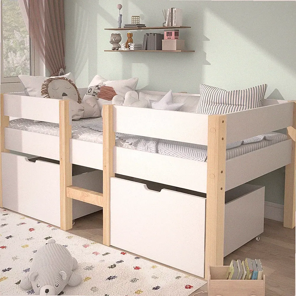 100% Massivholz Kinderbett mit Schublade und Rausfallschutz 90x200cm Weiß-Eiche