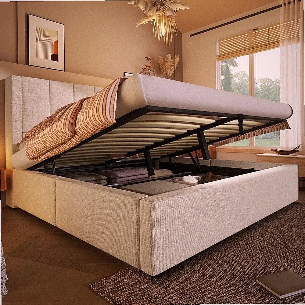 140/160/180x200cm Polsterbett Doppelbett, Lattenrost, Kopfteil mit Becherhalter