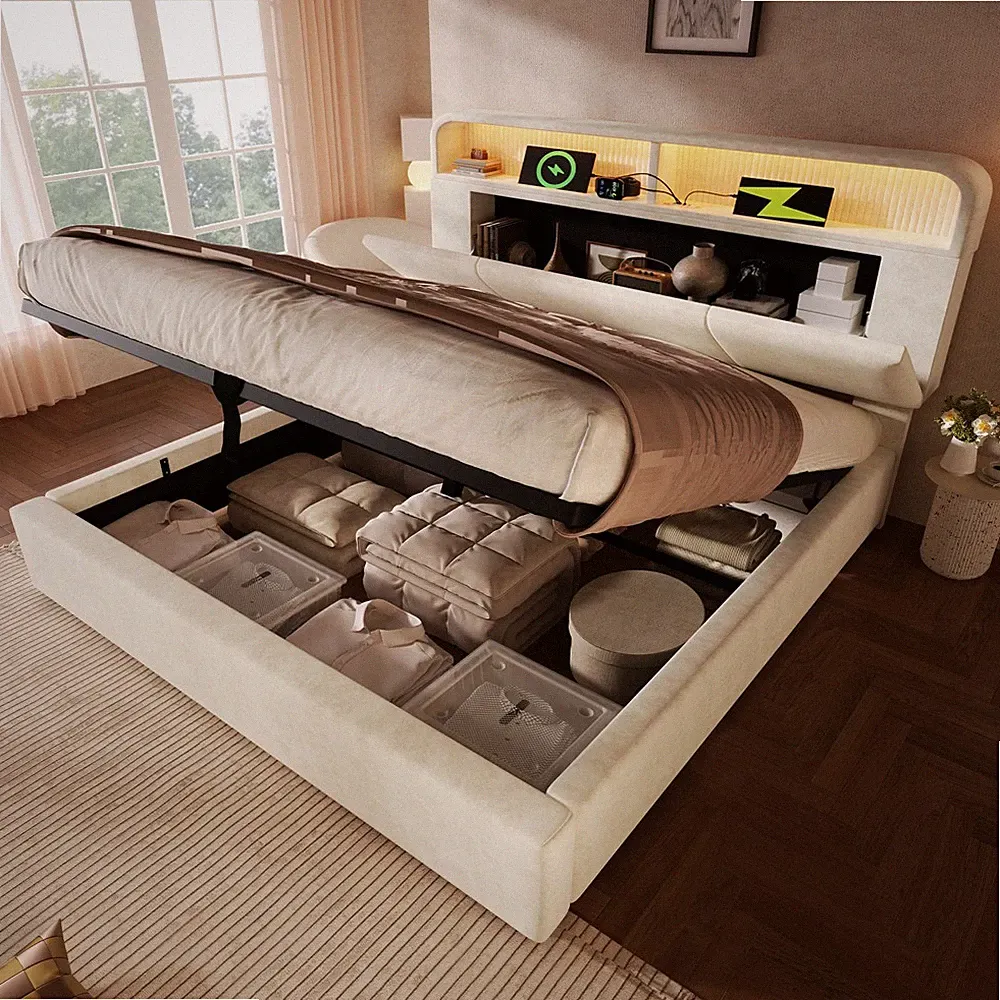 140/160/180x200cm Polsterbett Hydraulisch Doppelbett mit LED Kopfteil,Lattenrost