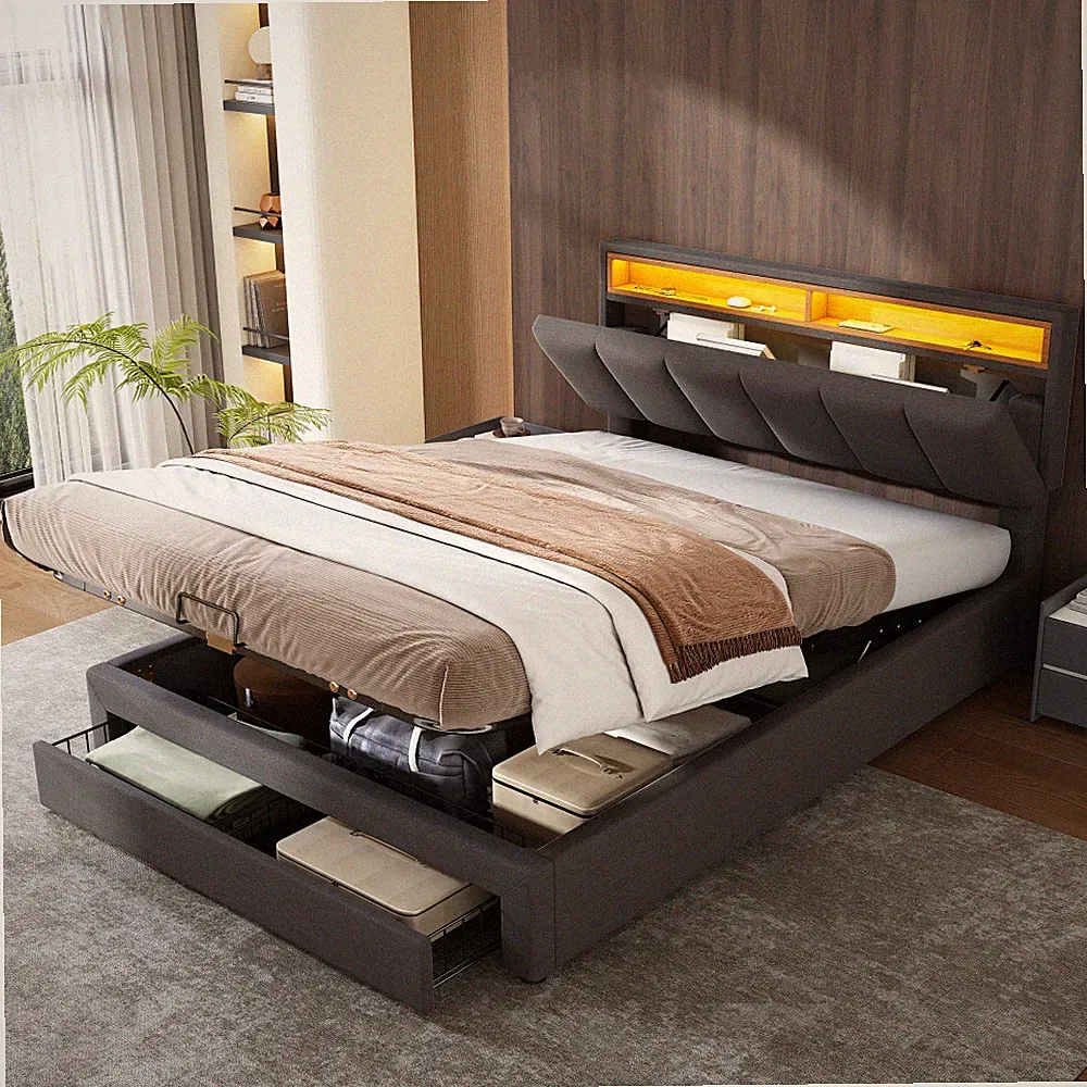 140/160/180x200cm Polsterbett LED Doppelbett mit Kopfteil,Lattenrost,Schubladen