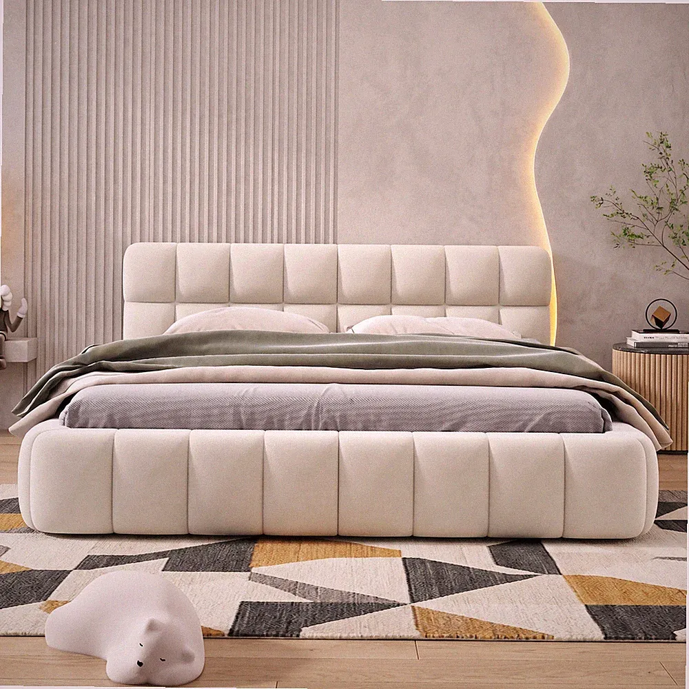 140 x 190 cm Polsterbett Doppelbett Jugendbett Bettgestell mit Lattenrost Beige