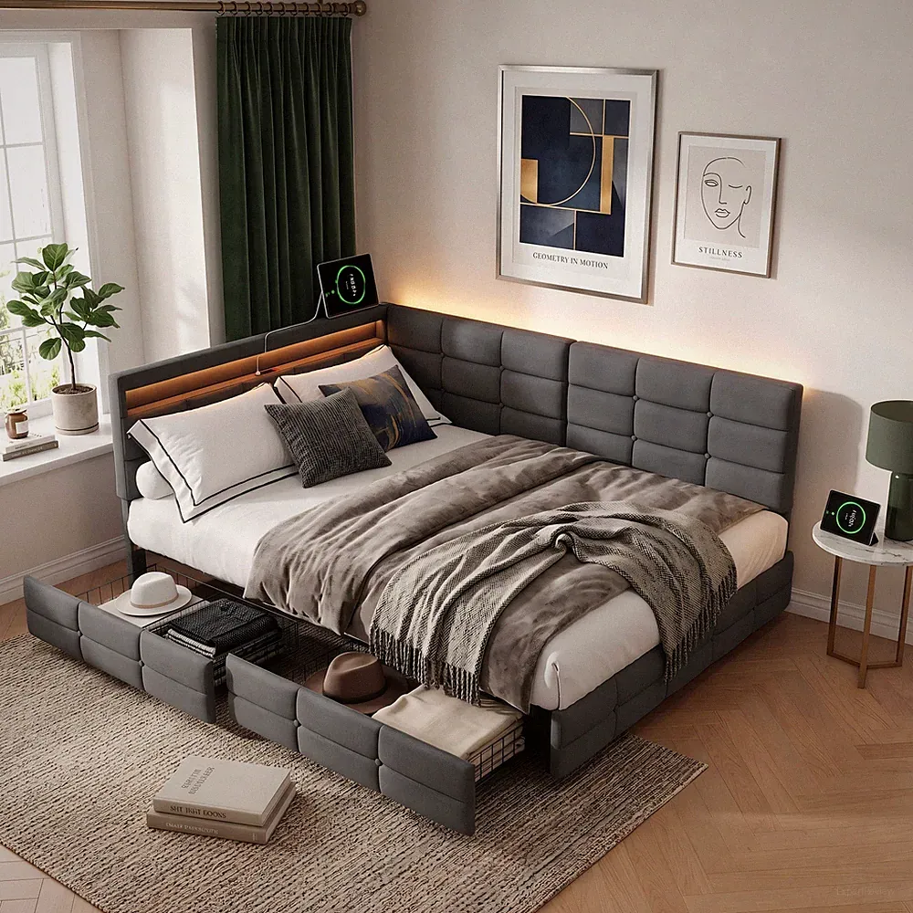 140x190 Doppelbett mit Stauraum,Polsterbett Schlafsofa, Jugendbett mit LED & USB