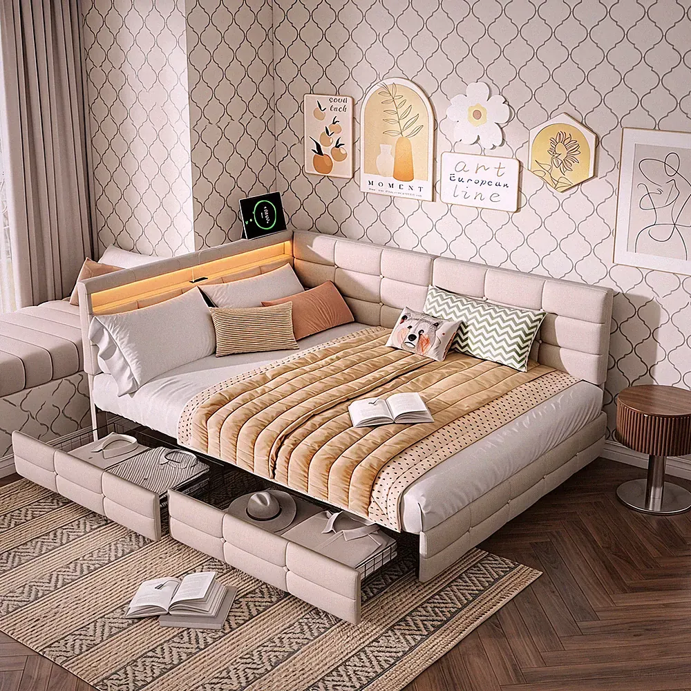 140x200 cm Polsterbett Jugendbett mit Stauraum Schlafsofa Tagesbett mit LED＆USB