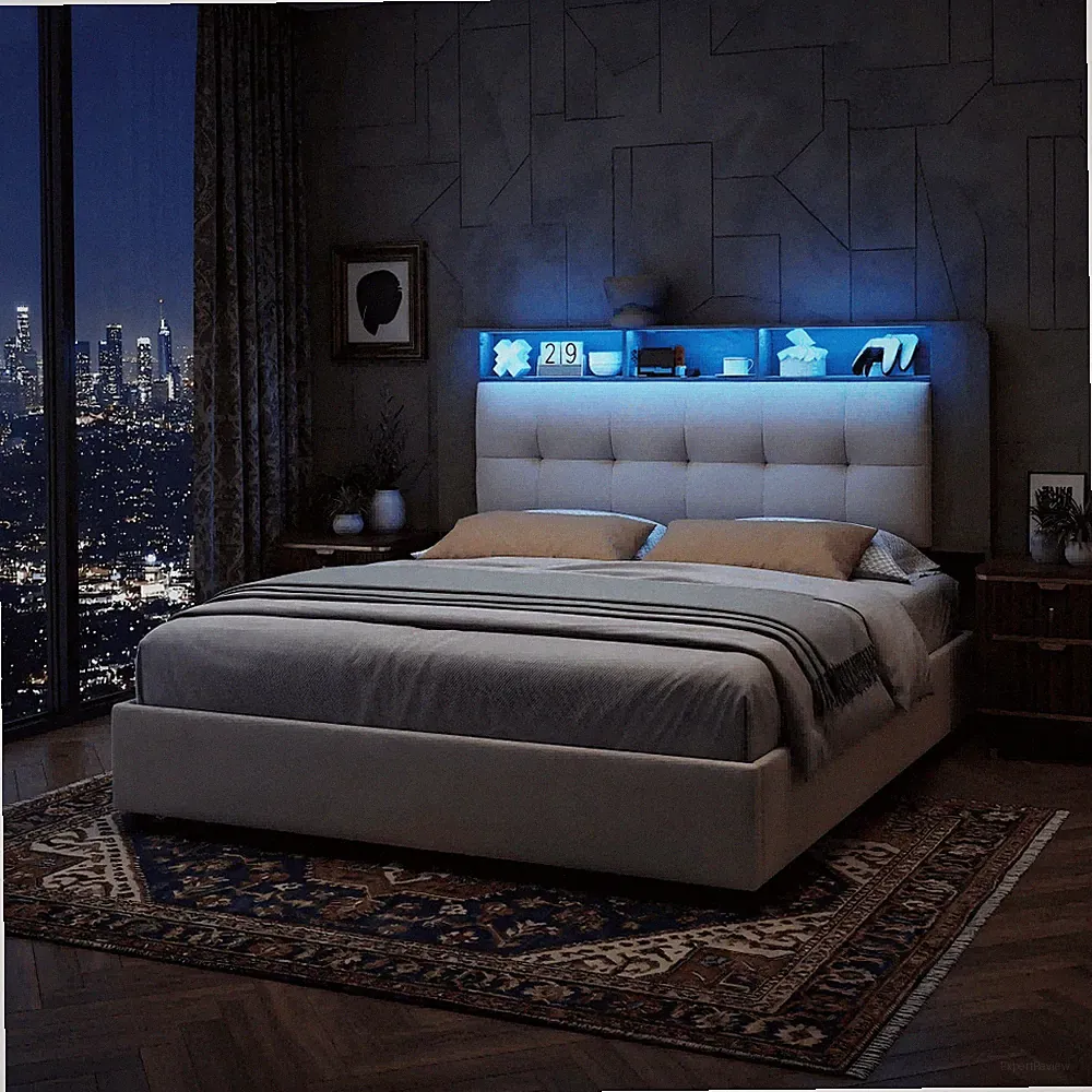 140x200 cm Polsterbett mit LED,Ladestation,Boxspringbett mit Stauraum,Lattenrost