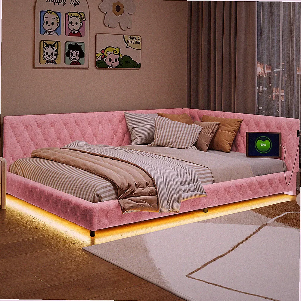 140x200 Polsterbett Sofabett Doppelbett Tagesbett Bettgestell Gästebett LED/USB
