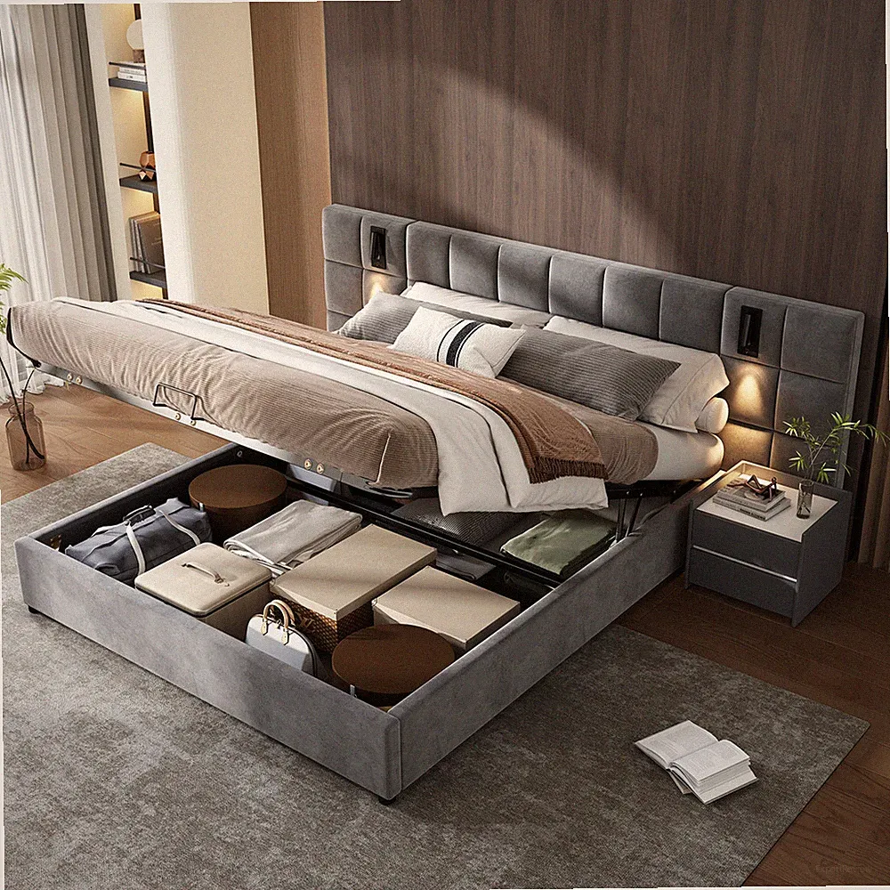 140x200cm 160x200cm 180x200cm Polsterbett Doppelbett mit Groß Kopfteil,LED Lampe