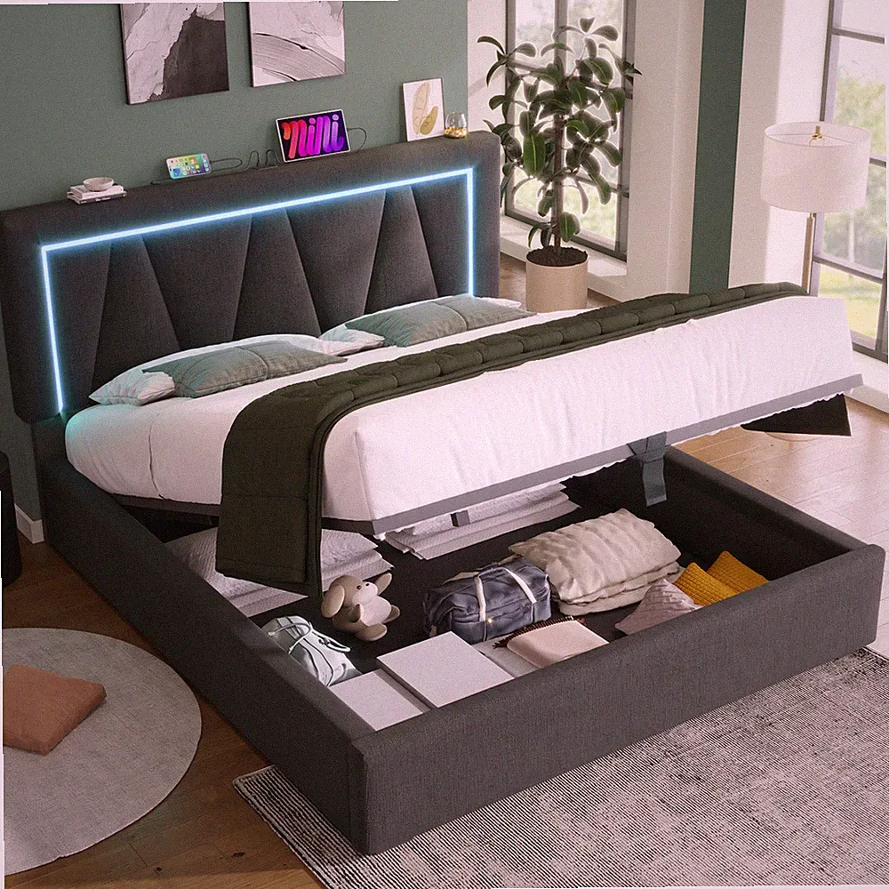 140x200cm 160x200cm Polsterbett Doppelbett Jugendbett, LED Kopfteil, Lattenrost