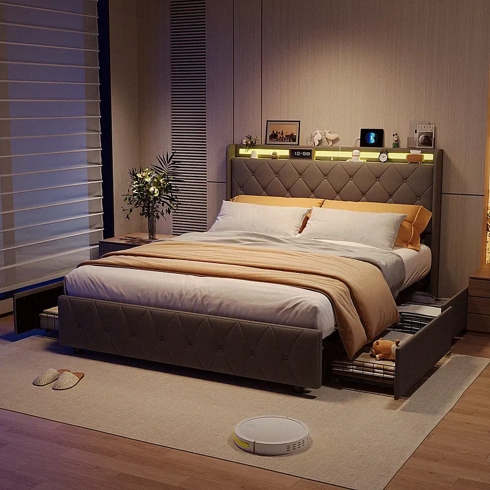 140x200cm Doppelbett Polsterbett Bettgestell 4 Schubladen LED USB Stauraum