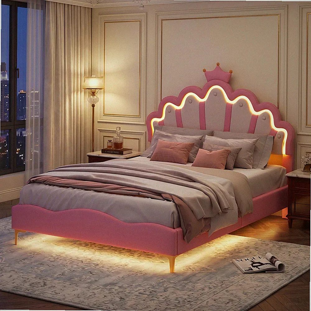 140x200cm Kinderbett Polsterbett mit LED Doppelbett Bettgestell Jugendbett