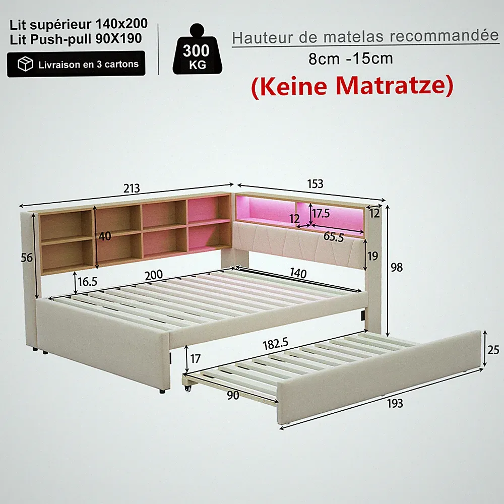 140x200cm Polsterbett Doppelbett,LED Schlafsofa Tagesbett 90x190cm Ausziehbett