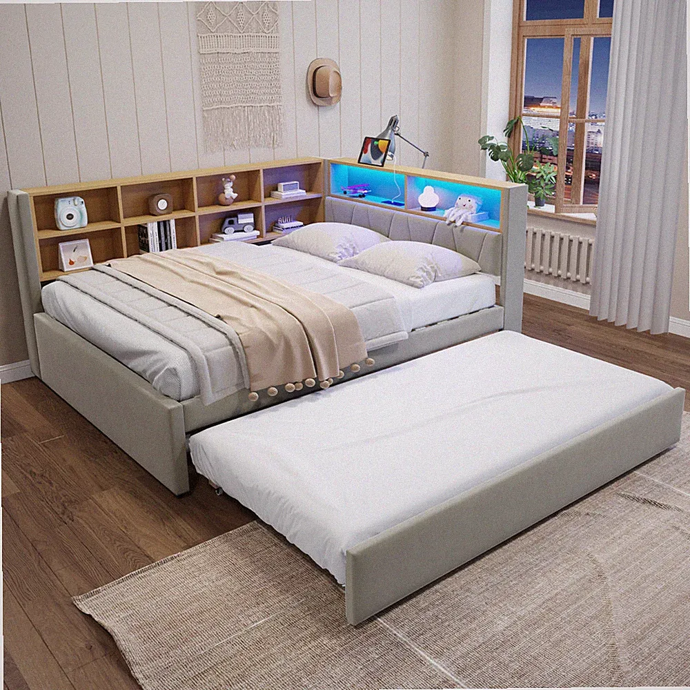 140x200cm Polsterbett Doppelbett,LED Schlafsofa Tagesbett 90x190cm Ausziehbett