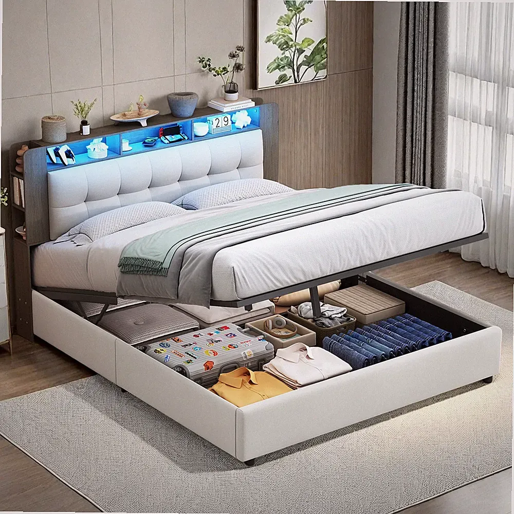 140x200cm Polsterbett mit LED,Ladestation-Boxspringbett mit ：Lattenrost Stauraum