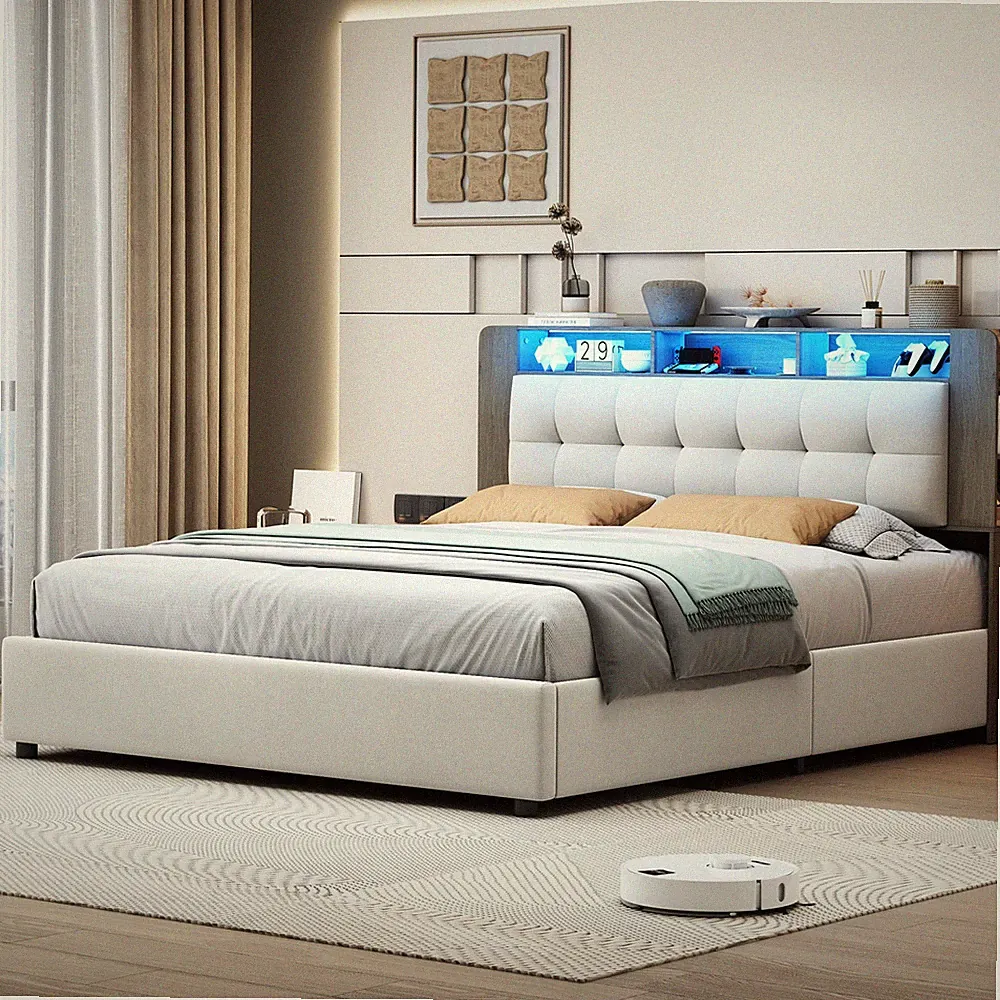 140x200cm Polsterbett mit LED,Ladestation,Boxspringbett mit Stauraum,Lattenrost