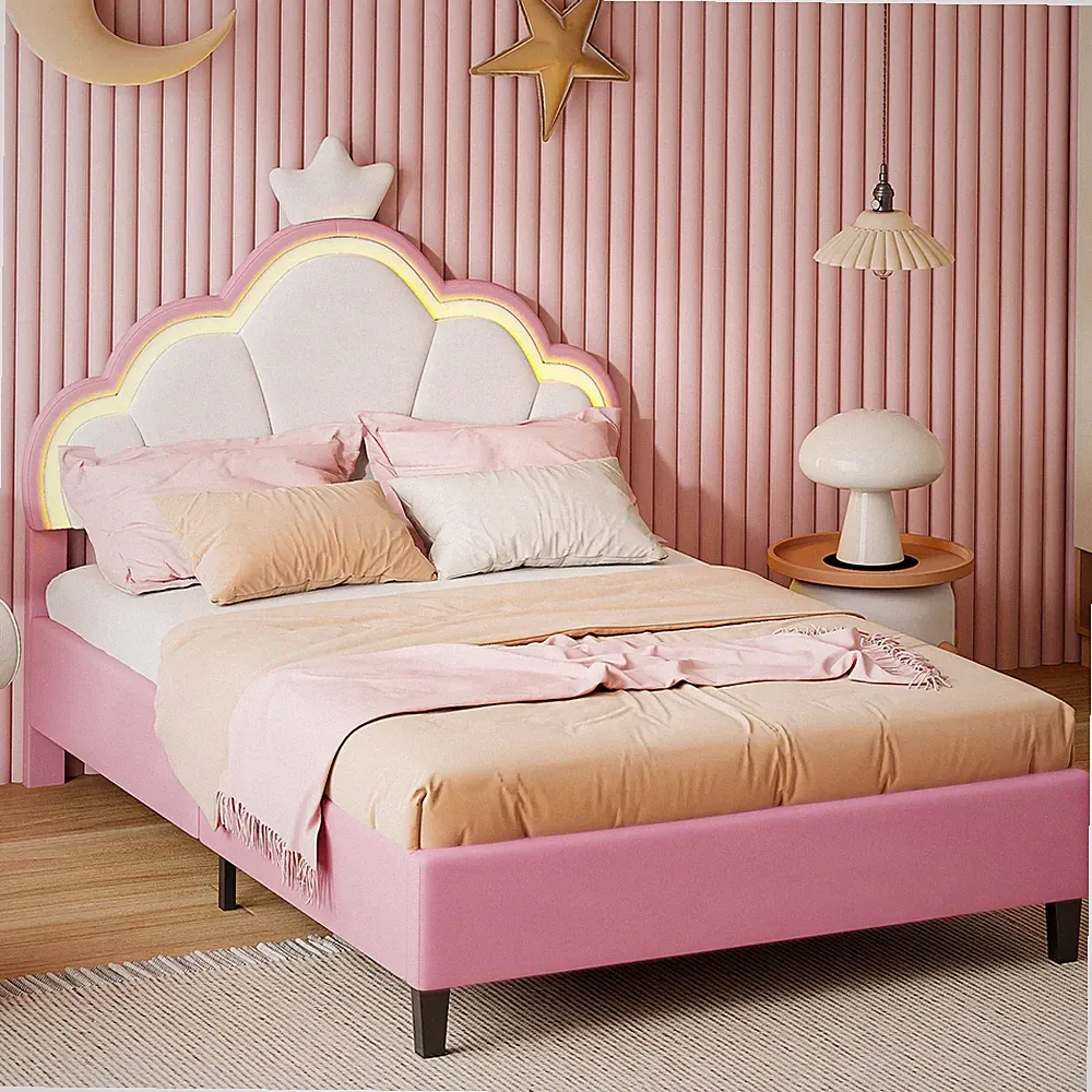 140x200cm Polsterbett mit LED Rosa Kinderbett Doppelbett Jugendbett