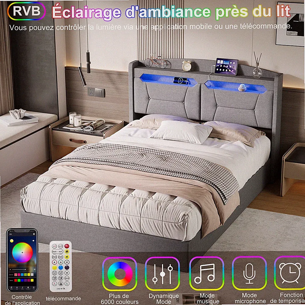 140x200cm Polsterbett mit LED Stauraum USB Kopfteil Hydraulische Doppelbett Grau