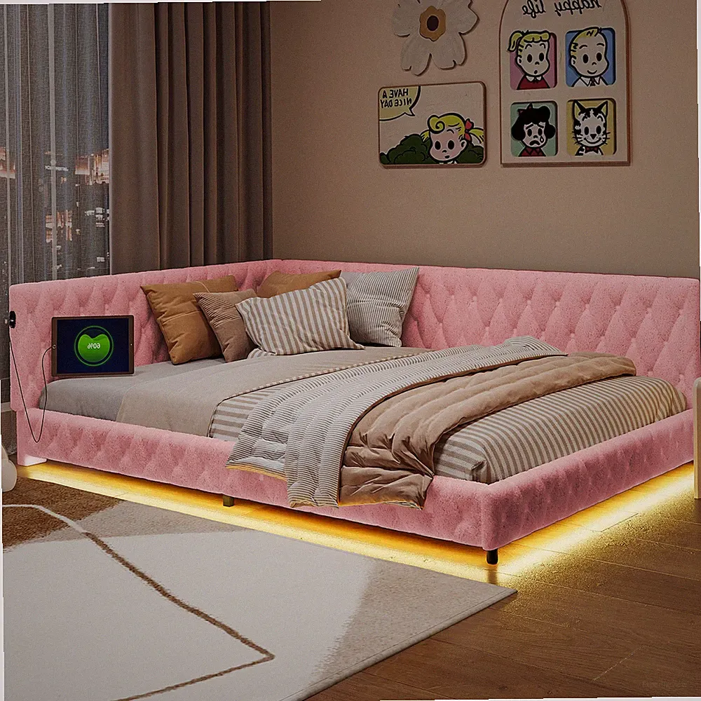 140x200cm Polsterbett Tagesbett Doppelbett LED Bettgestell Lattenrost USB Bett