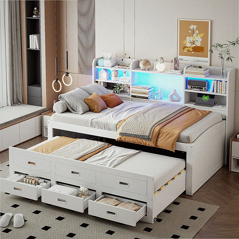 140x200cm Tagesbett mit 90x200cm Ausziehbett, LED Schlafsofa,3 Schubladen,Regale
