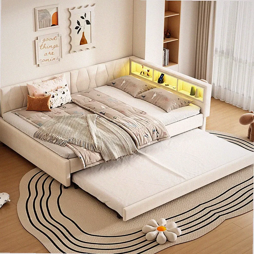140x200cm Tagesbett mit Ausziehbarem Bett, LED Polsterbett Schlafsofa Lattenrost