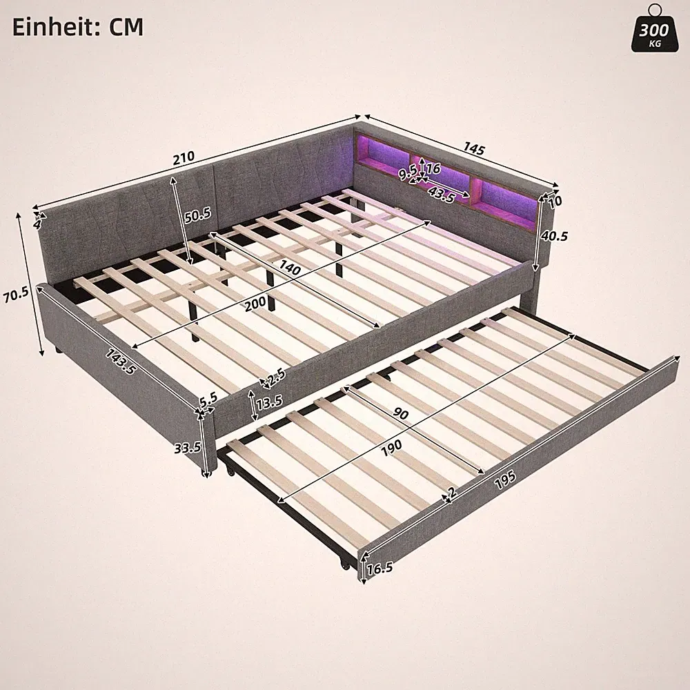 140x200cm Tagesbett mit Ausziehbarem Bett, LED Polsterbett Schlafsofa Lattenrost