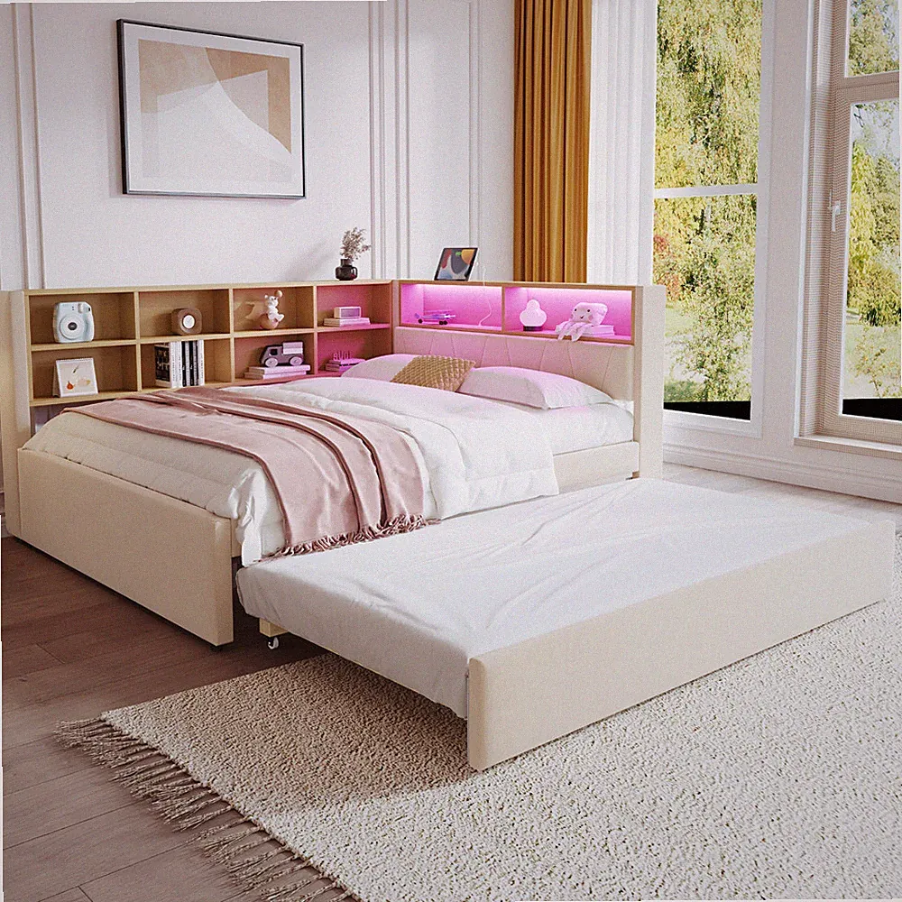 140x200cm Tagesbett mit Ausziehbett, Polsterbett Doppelbett, LED Schlafsofa