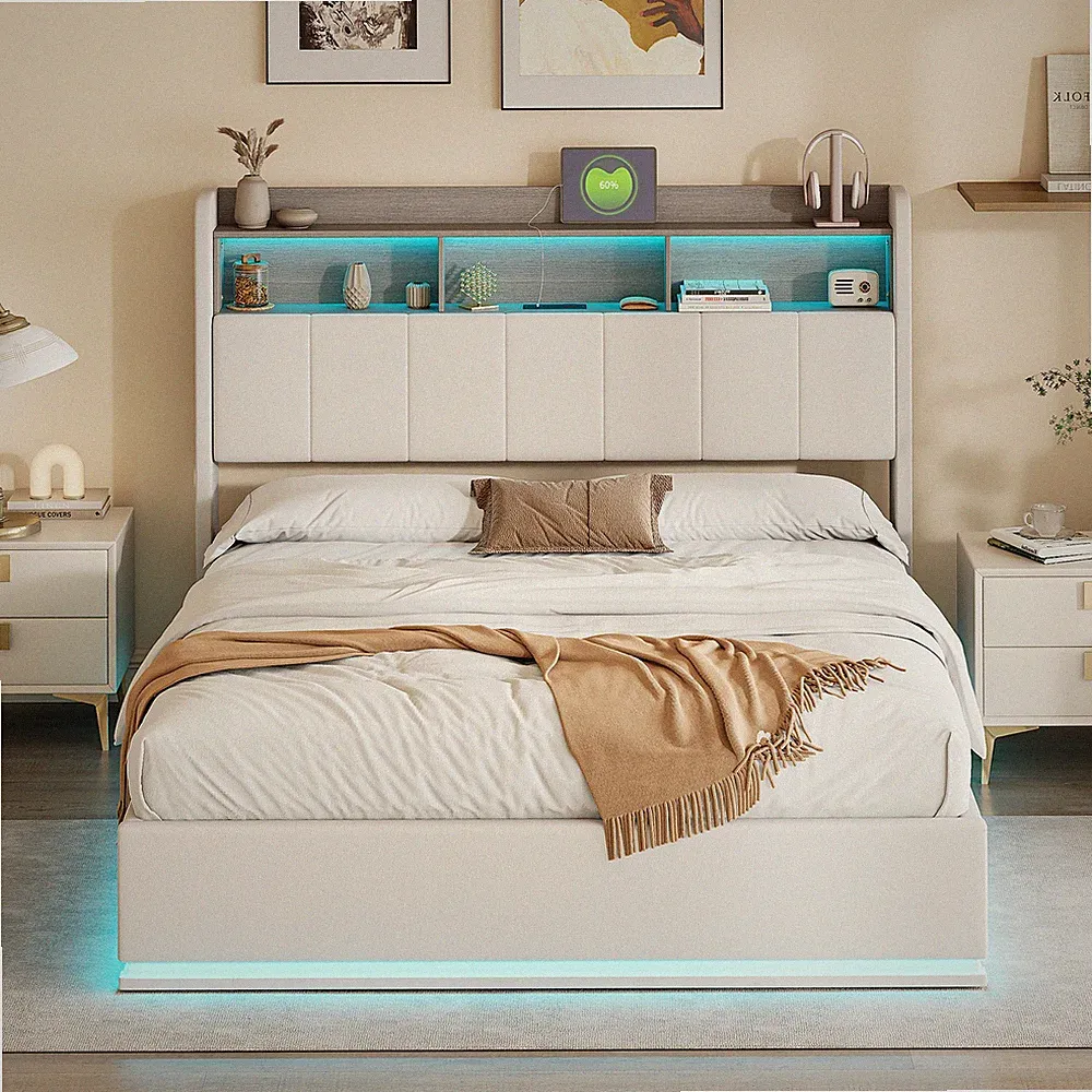140x200cmPolsterbett Doppelbett Bettgestell Jugendbett Lattenrost mit USB & LED