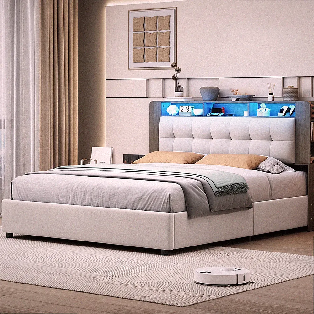 140x200cmPolsterbett mit LED,Ladestation,Boxspringbett mit Stauraum,Lattenrost