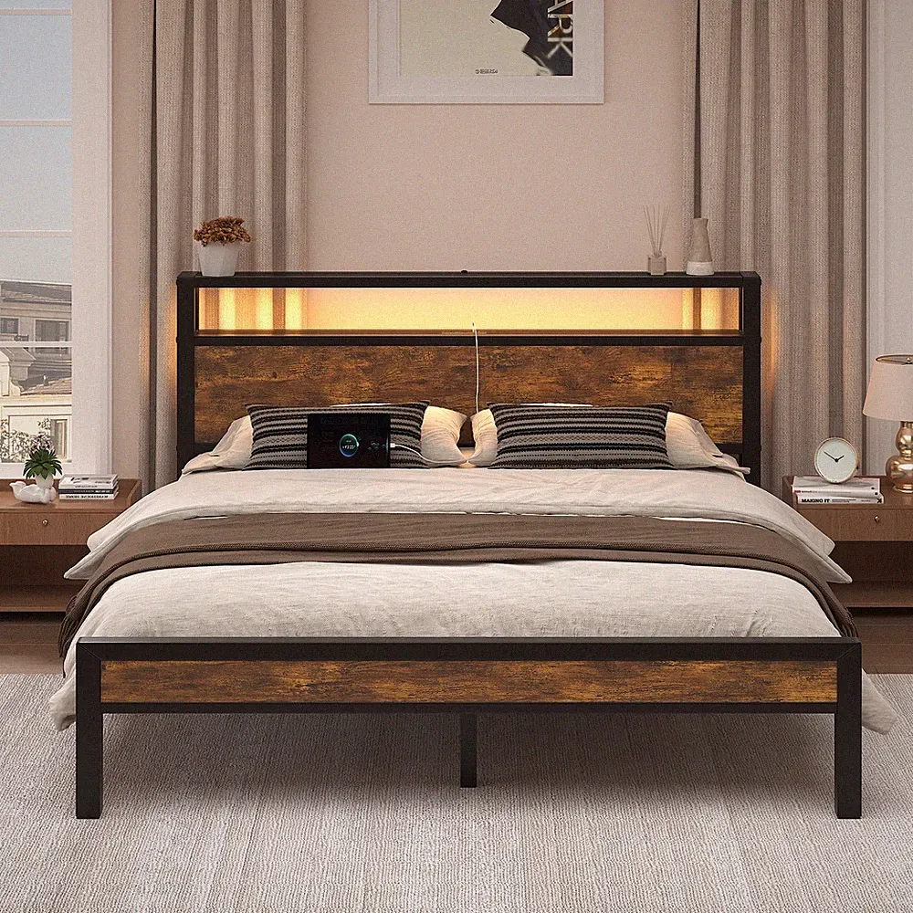 160/140 Bettrahmenplattform aus Metall mit Stauraum-Kopfteil und LED-Leuchten
