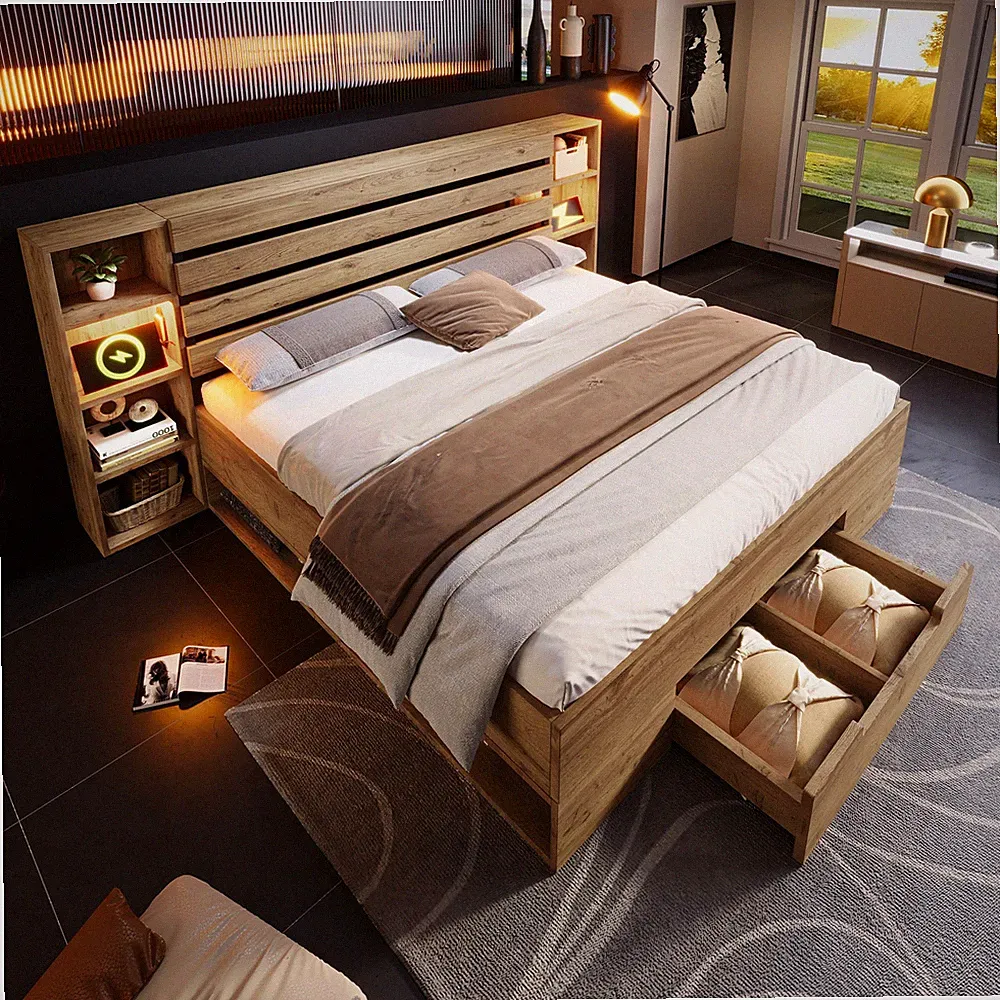 160/180x200cm Holzbett LED Doppelbett mit Stauraum Kopfteil,Lattenrost,Schublade