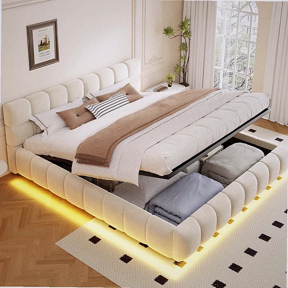 160/180x200cm Polsterbett LED Doppelbett mit Kopfteil, Bettgestelle, Lattenrost