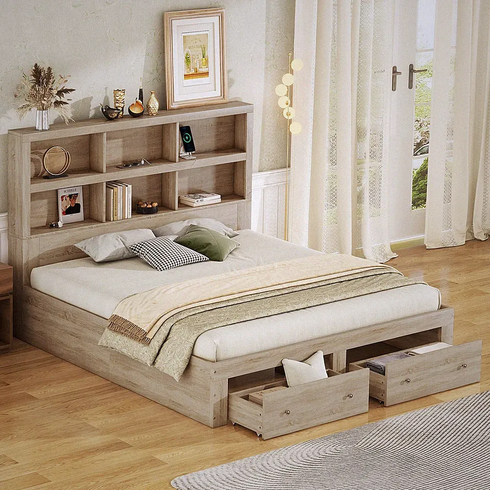 160x200 cm Kingsize Plattformbett mit 2 Schubladen Kopfteil Stauraum Natur