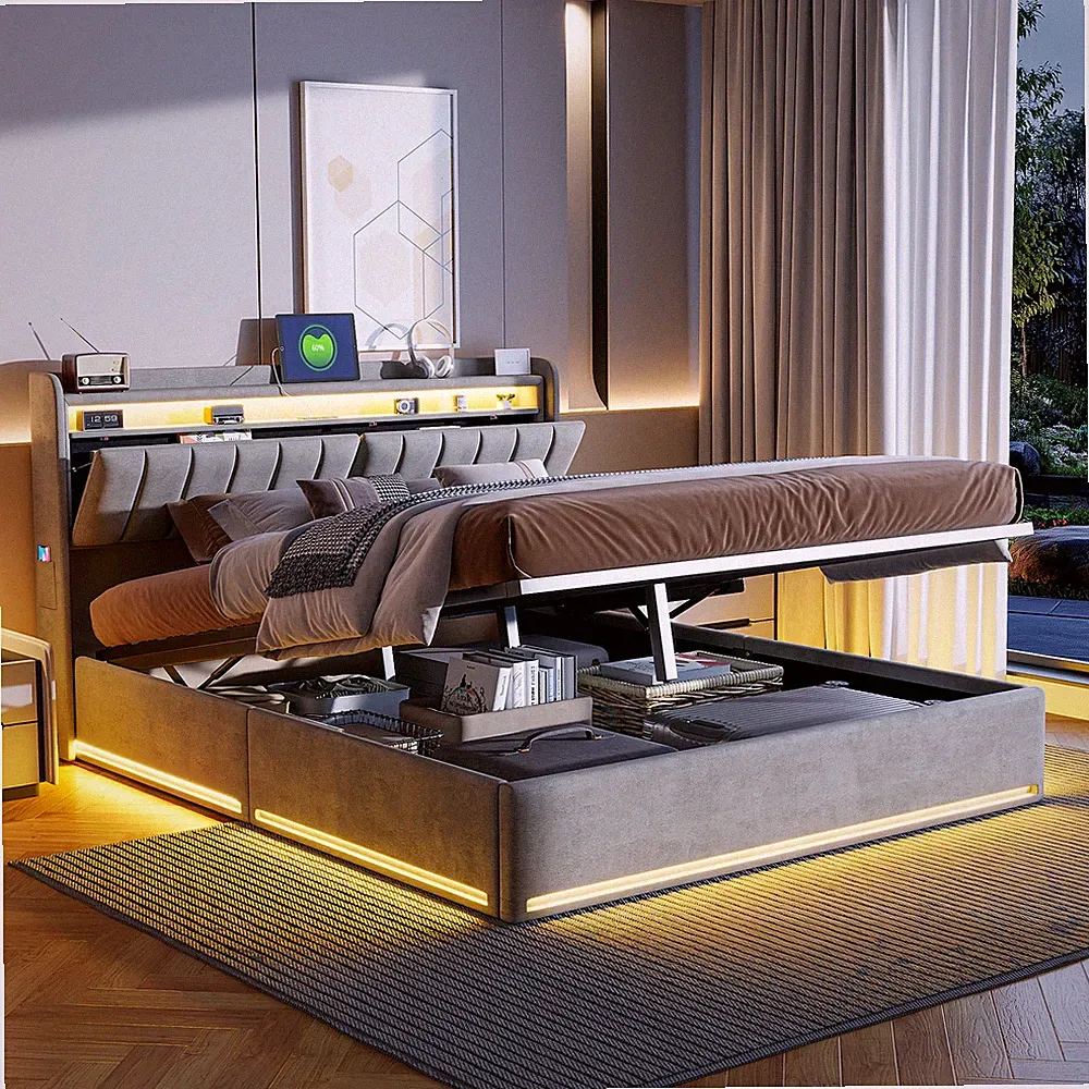 160x200 Doppelbett Polsterbett mit Bettkasten Hydraulisches LED&USB Lattenrost.