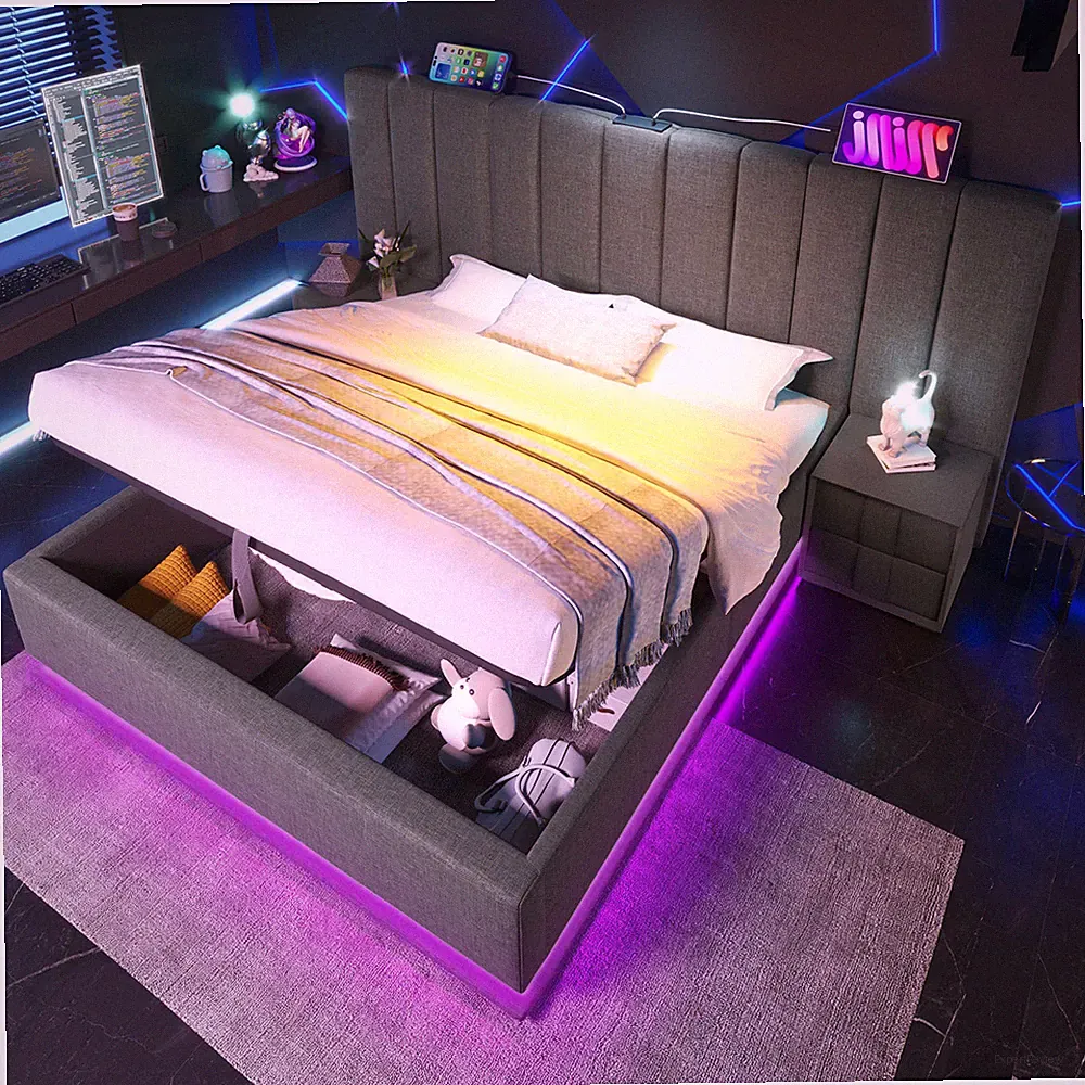 160x200cm 180x200cm Polsterbett LED Doppelbett mit Groß Kopfteil, Lattenrost