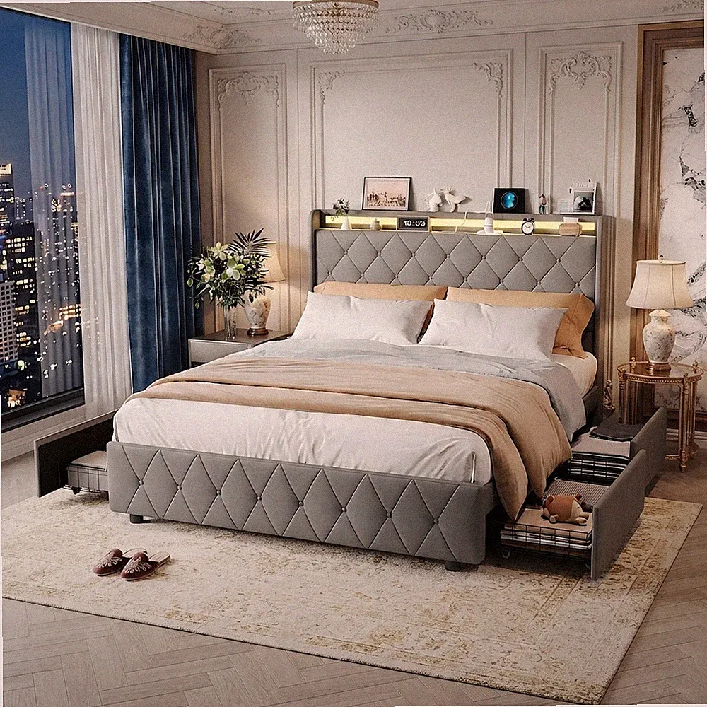 160x200cm Doppelbett Polsterbett mit 4 Schubladen LED&USB Stauraum Bettgestell.