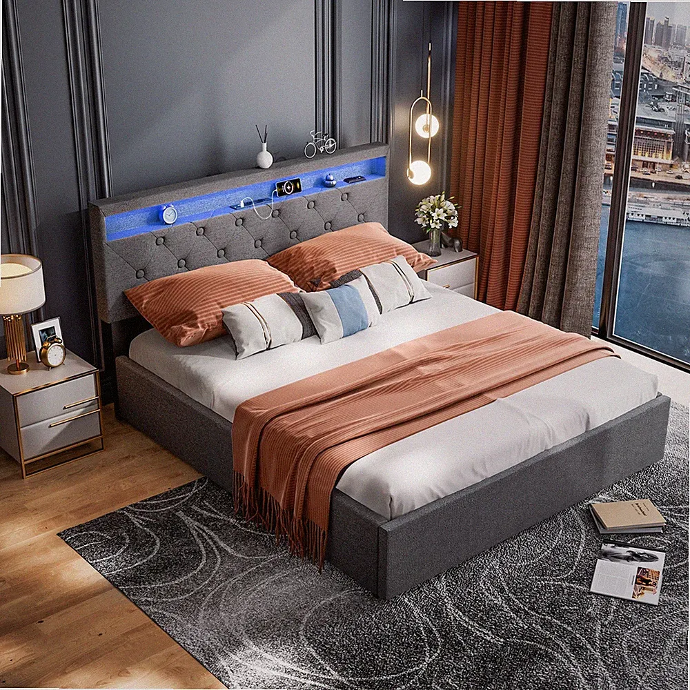 160x200cm Polsterbett Doppelbett Bettgestell mit Bettkasten USB/LED-Licht Buchse