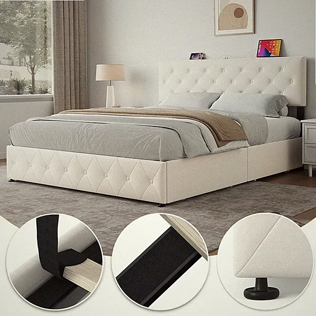 160x200cm Polsterbett Doppelbett Stauraumbett Bettgestell mit USB Verstellbar DE