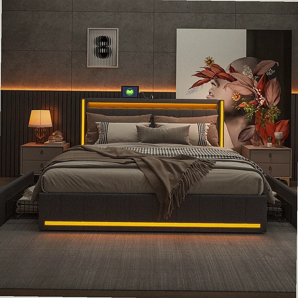 180x200 Doppelbett Polsterbett Schubladen Stauraumbett Bettgestell mit LED/USB