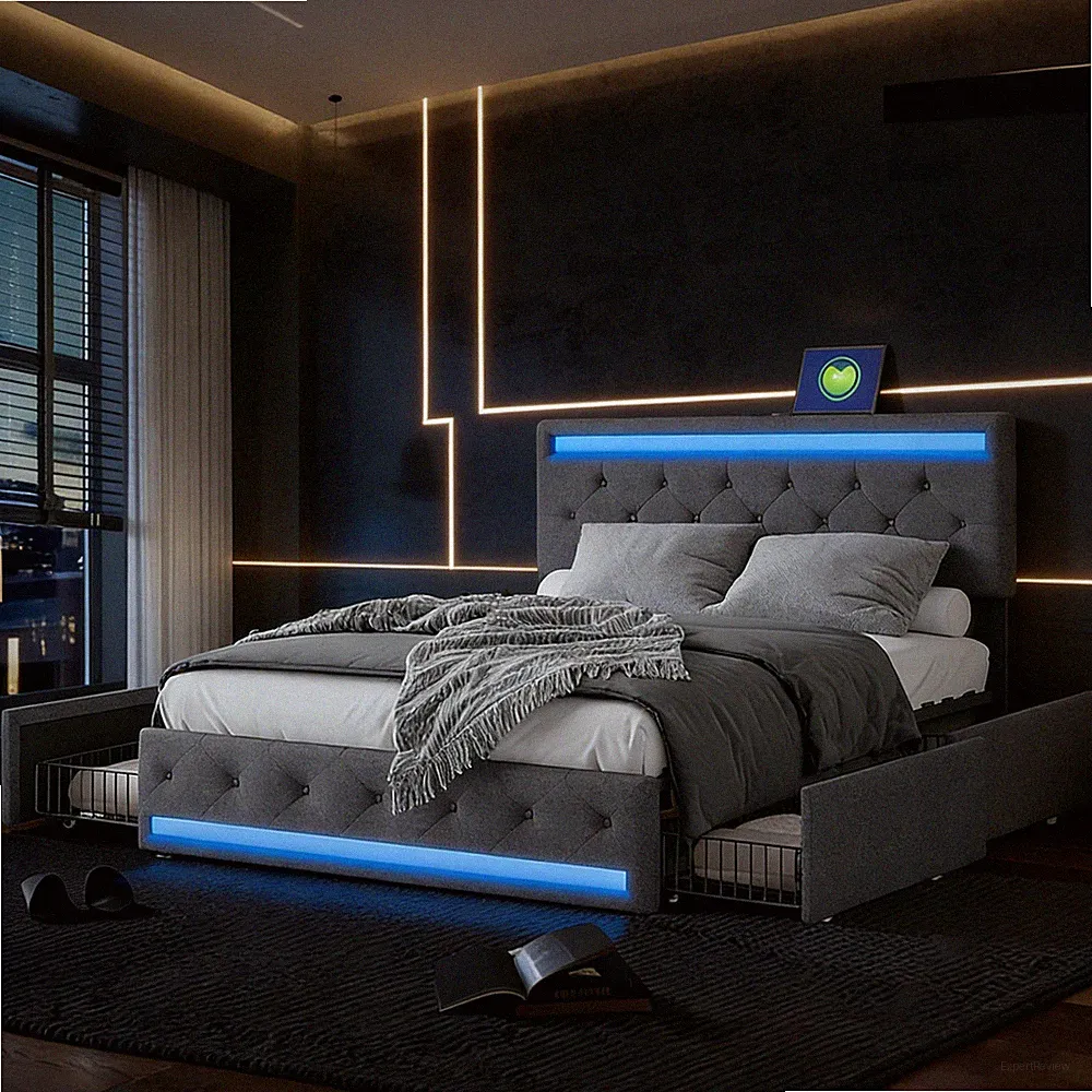 180x200cm Polsterbett Doppelbett Bettgestell mit 4 Schubladen LED Licht USB-Port