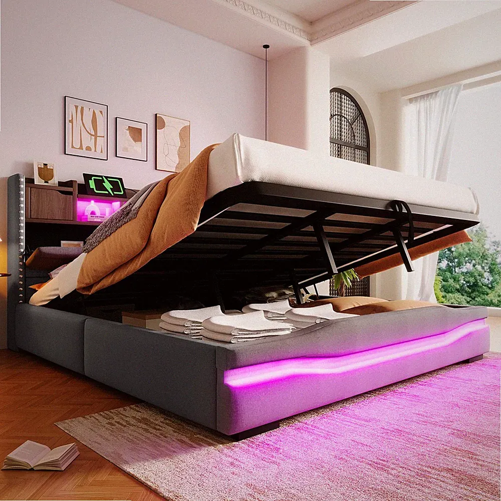 180x200cm Polsterbett Doppelbett LED Stauraum Kopfteil, Lattenrost, Bettgestelle