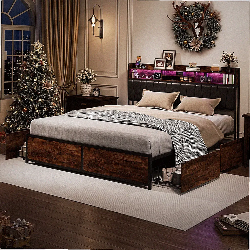 180x200cm Polsterbett mit 4 Schubladen LED&USB Lattenrost Bettgestell-Doppelbett