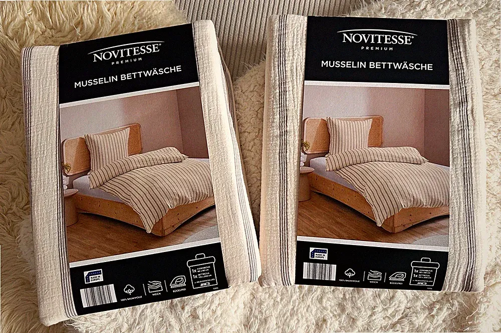 2 Sets Premium Musselin Bettwäsche Creme weiß gestreift vintage Landhausstil