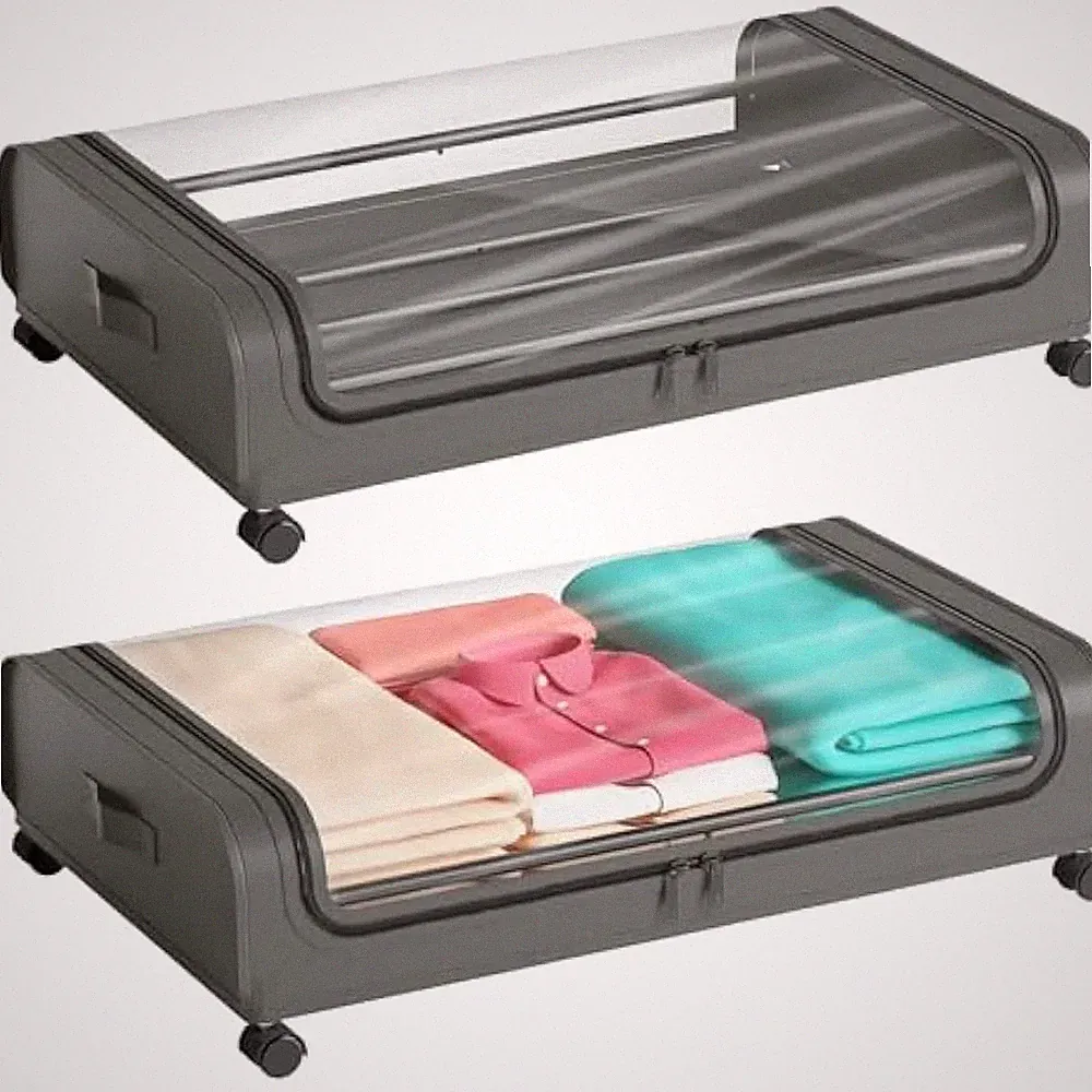 2 Stück Unterbett Aufbewahrung mit Rollen Deckel 48L Roll Metallgestell Unterbett