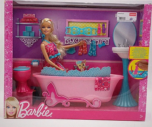 2012 Glam Bathroom Barbie Set mit Puppe & Badewanne / Mattel Y2856, NrfB