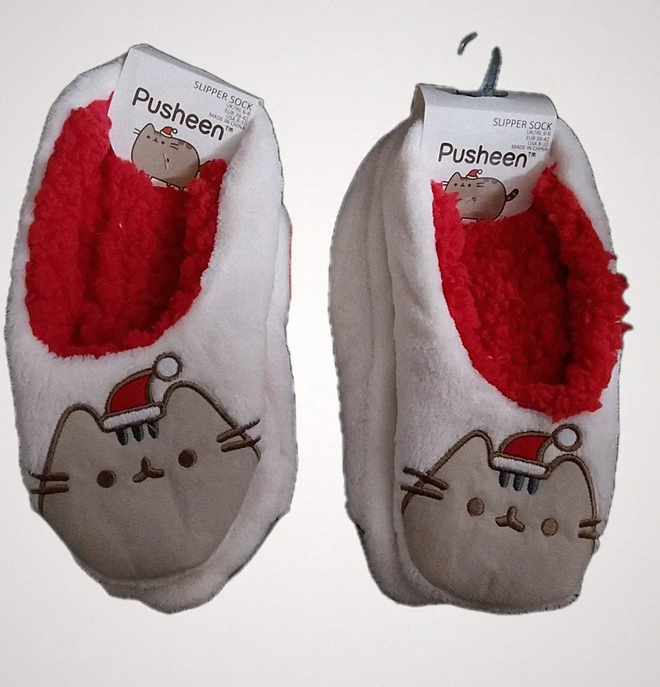 2er Pack Damen Pusheen Katzenbett Slipper Greiflingsocken weich Plüsch Kuschelfuß 3/5