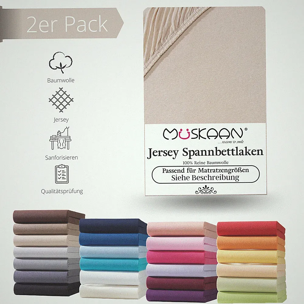 2er Pack Jersey Spannbettlaken Spannbetttuch 100% Baumwolle 8 Größen 32 Farben