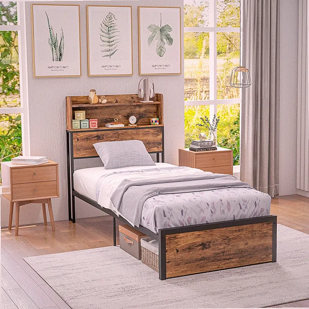 3,1 Fuß Einzelbettgestell mit Stauraum Kopfteil und Stauraum unter dem Bett 95 x 207 cm