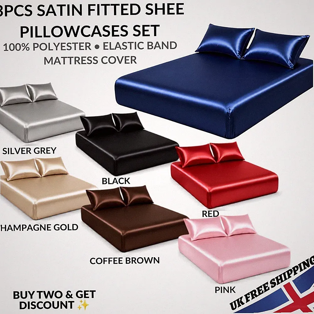 3-teiliges Luxus Super King Satin Spannbettlaken Set mit 2 Kissenbezügen Einfarbig UK