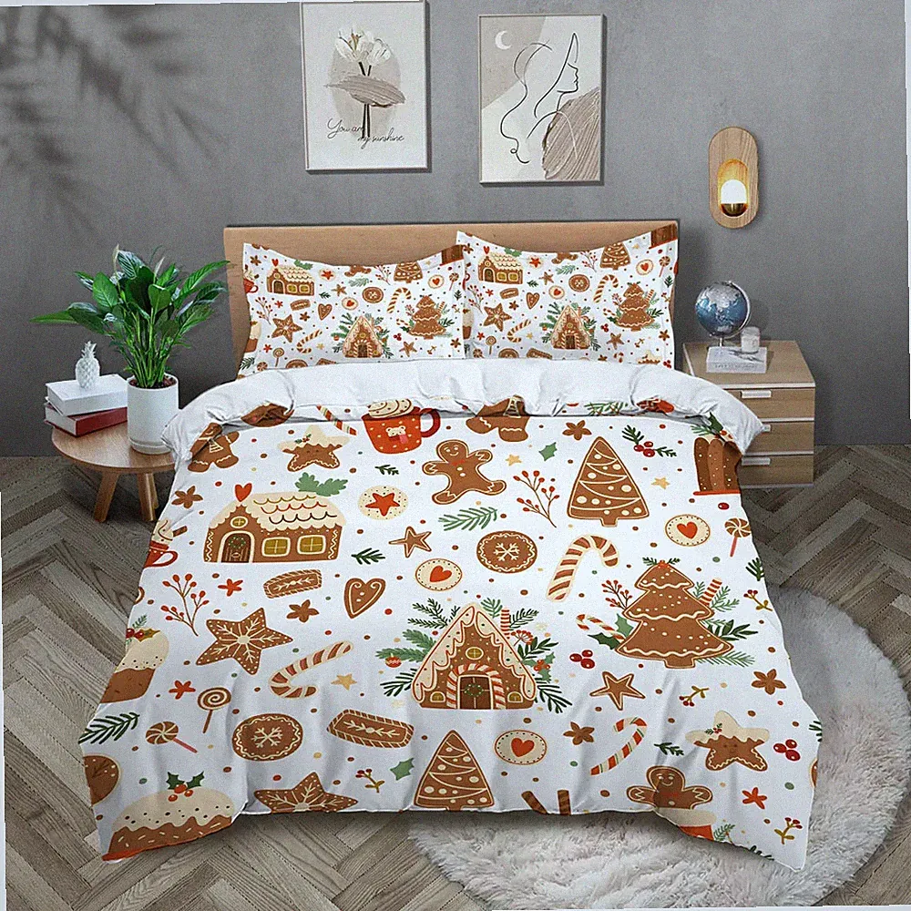 3-teiliges Weihnachts Cottage Lebkuchenmann-Bettbezug Set mit braunem Aufdruck
