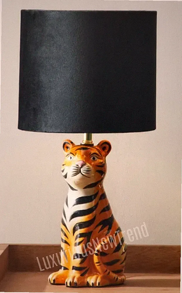 39cm Tigerform Schwarz Samt Bett BEISTELL Tischlampe SCHLAFZIMMER Leuchte Wohndeko Geschenk