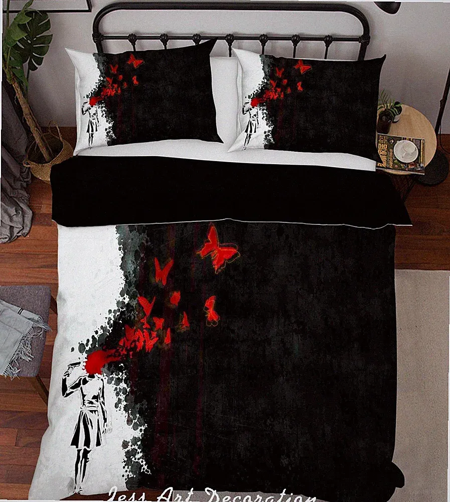 3D Banksy Wandbild Rot Blut Schmetterling Quilt Cover Set Bettwäsche Sets Kis...